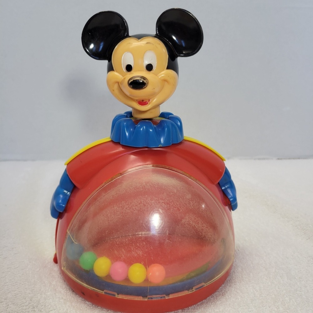 Vintage Walt Disney Mickey Mouse Manual Spin Toy Dual Sided Yellow Blue Mirrored